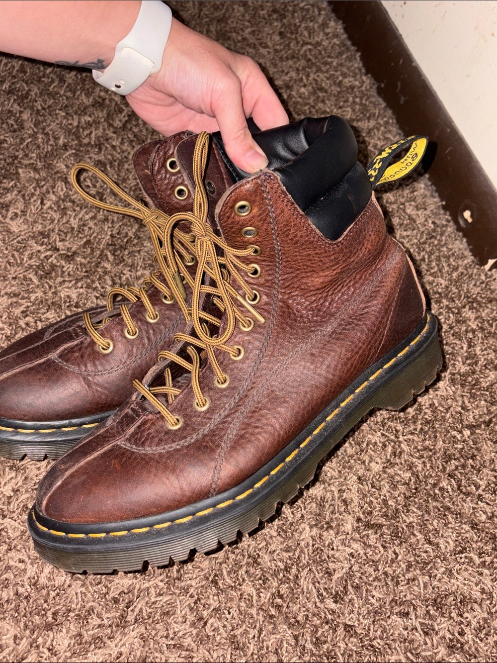 Dr. Martens Airwair Brown Leather Lace-Up Ankle Boots with Yellow Stitching - Picture 5 of 6